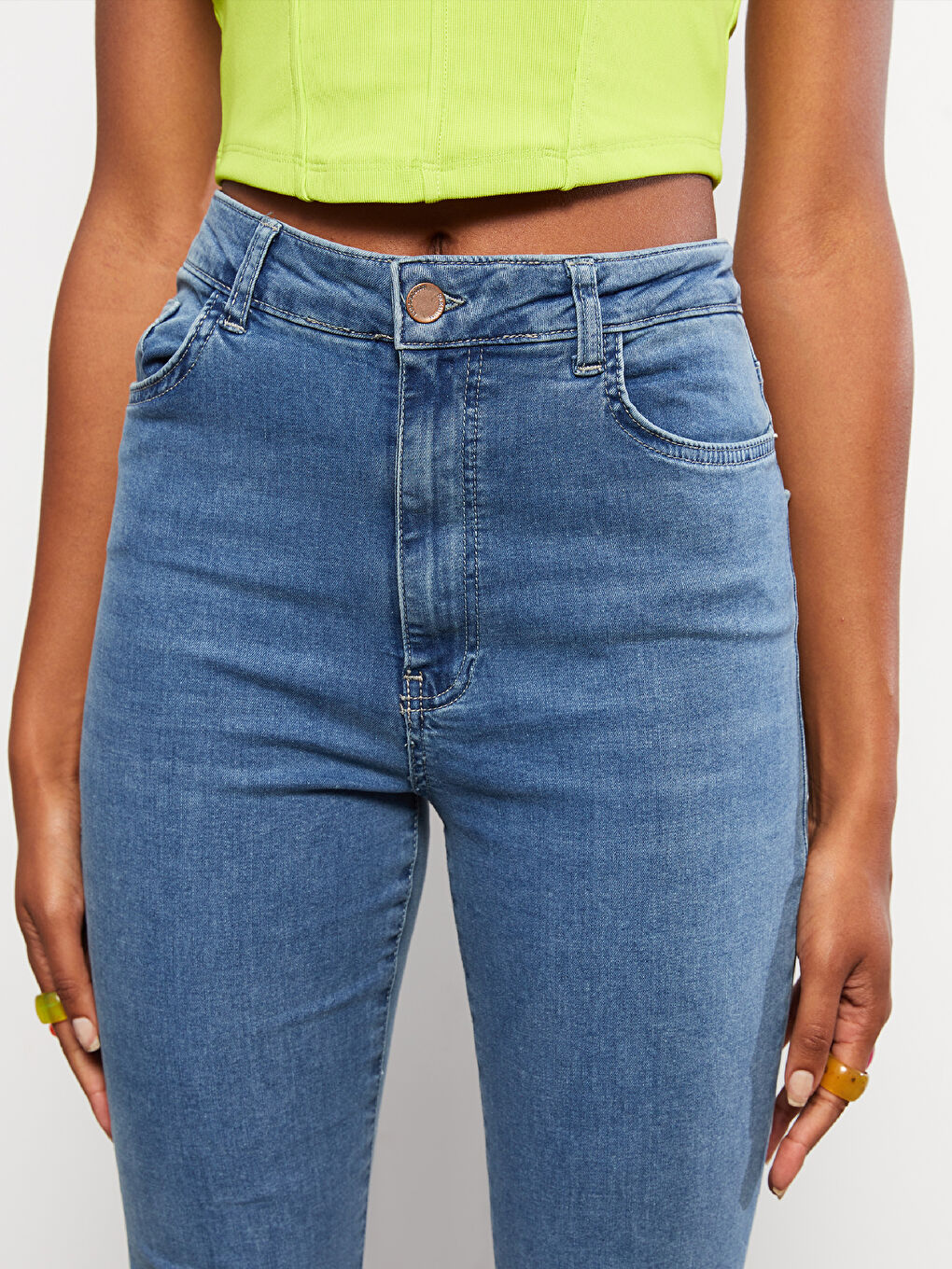 High Waisted Slim Fit Regular Pocket Detailed Women's Rodeo Denim Trousers-2