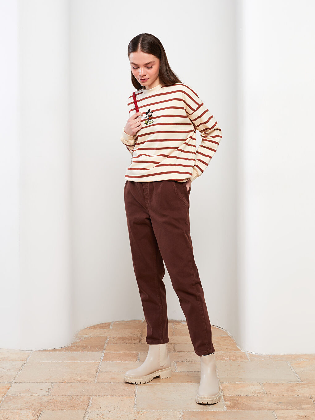 Kahverengi Rahat Kalıp Düz Gabardin Kadın Pantolon-1