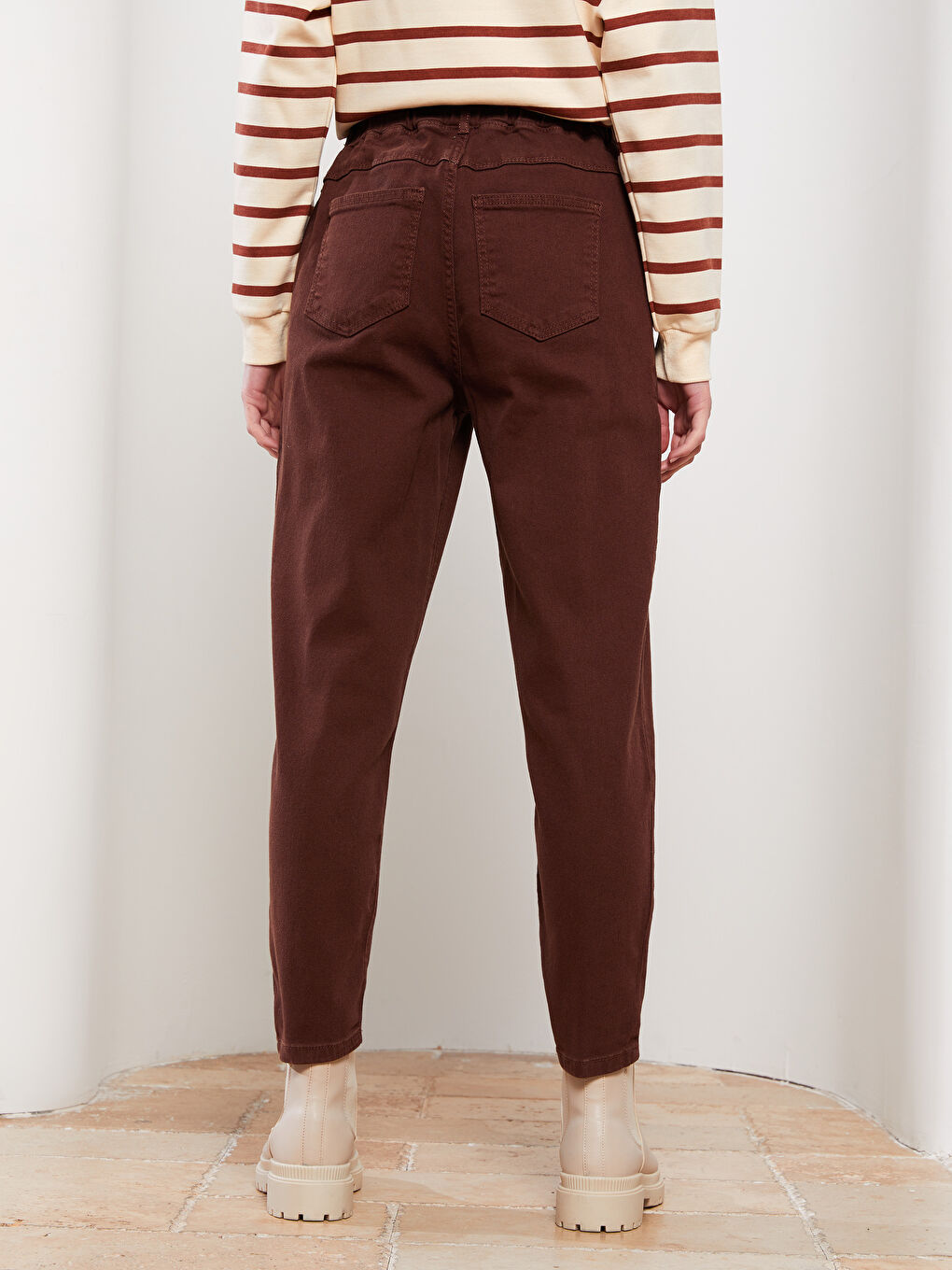 Kahverengi Rahat Kalıp Düz Gabardin Kadın Pantolon-3