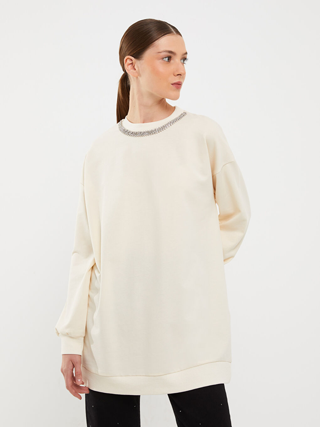 Crew Neck Plain Oversize Women's Sweatshirt Tunic -W2H589Z8-SDG