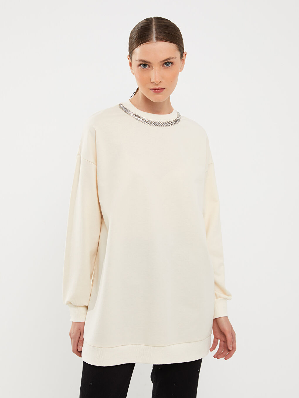 Crew Neck Plain Oversize Women's Sweatshirt Tunic -W2H589Z8-SDG