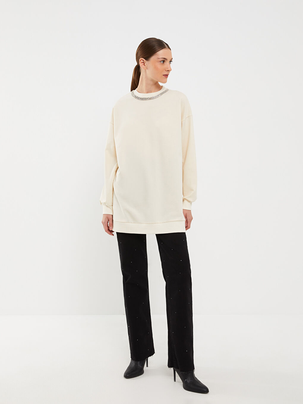 Crew Neck Plain Oversize Women's Sweatshirt Tunic -W2H589Z8-SDG