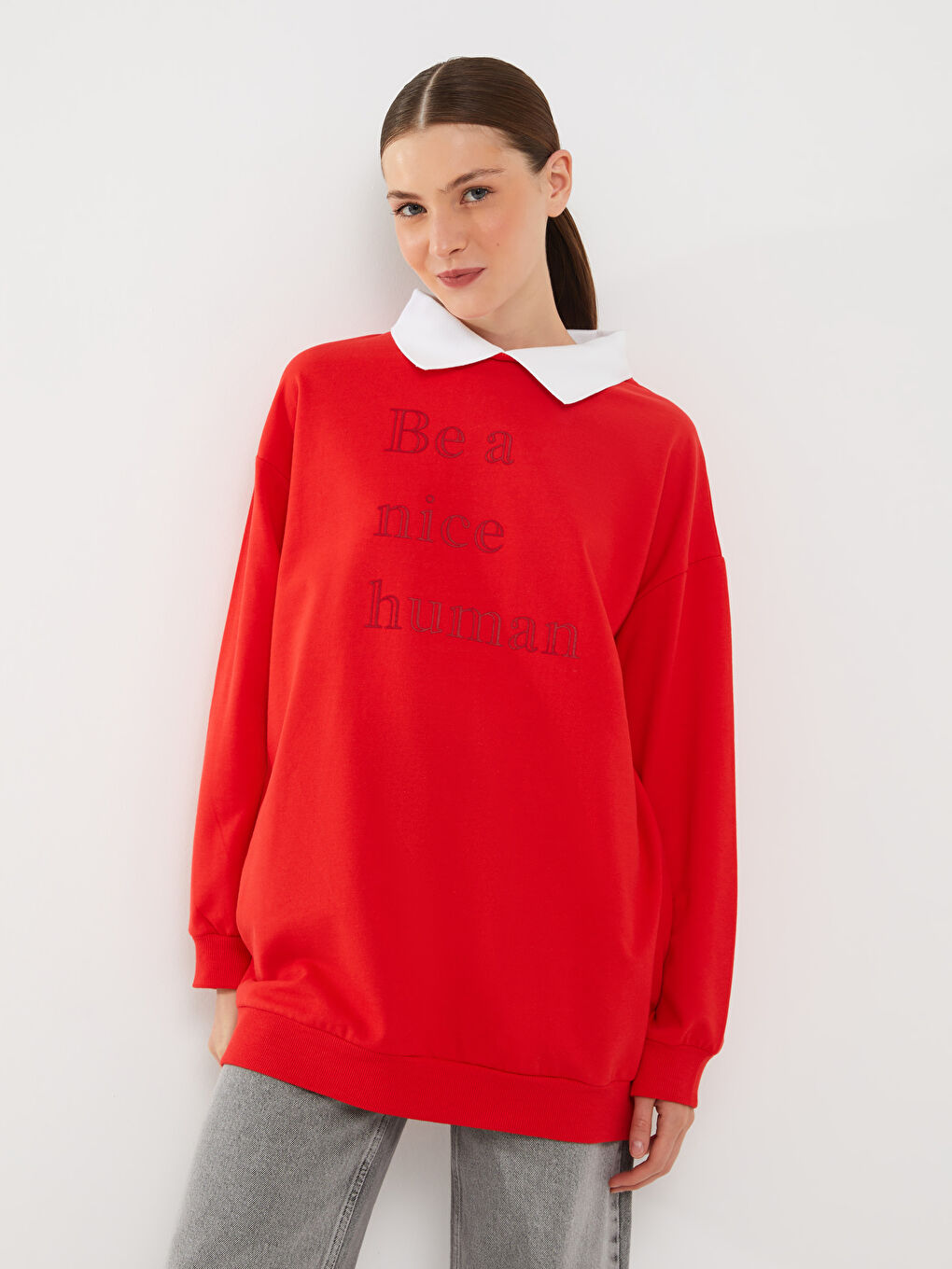 Kırmızı Gömlek Yaka Baskılı Uzun Kollu Kadın Sweatshirt Tunik