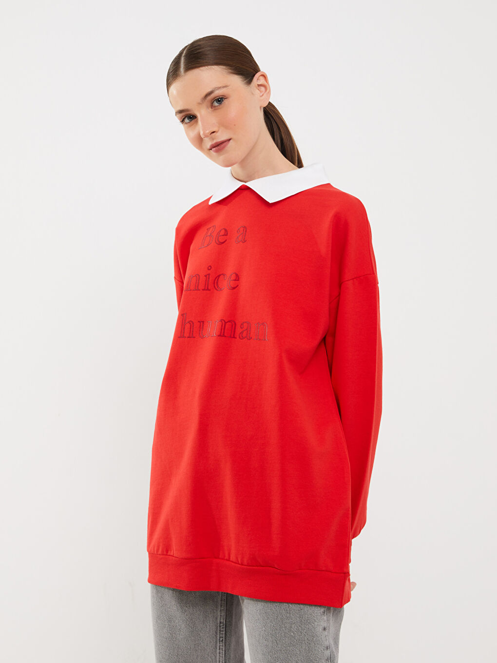 Kırmızı Gömlek Yaka Baskılı Uzun Kollu Kadın Sweatshirt Tunik-1