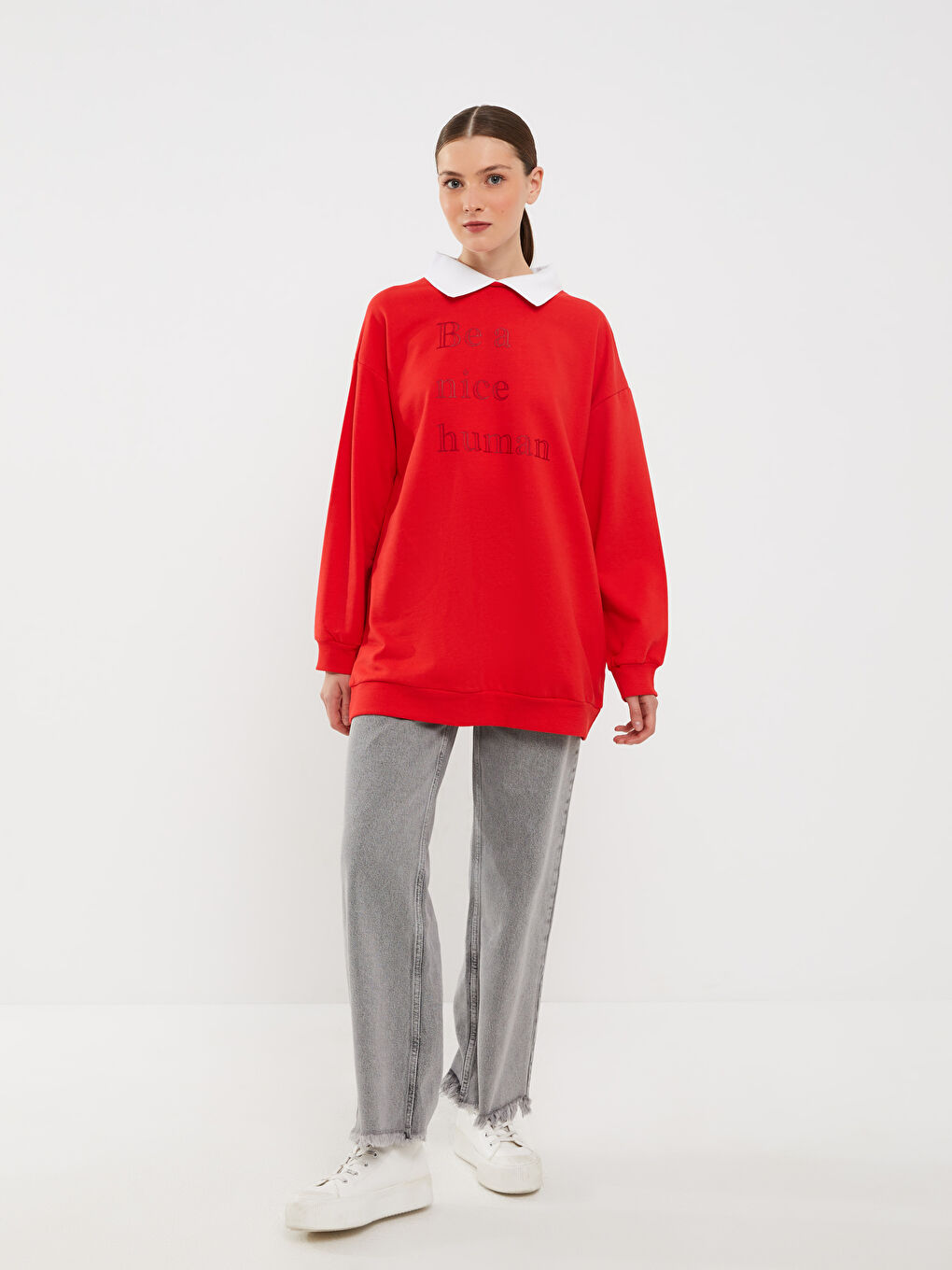 Kırmızı Gömlek Yaka Baskılı Uzun Kollu Kadın Sweatshirt Tunik-2