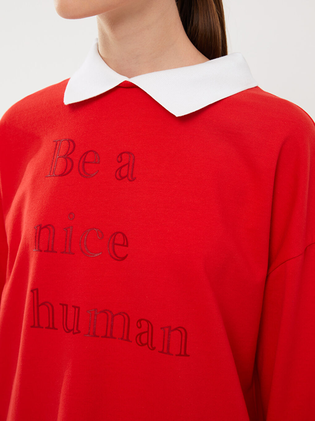 Kırmızı Gömlek Yaka Baskılı Uzun Kollu Kadın Sweatshirt Tunik-3