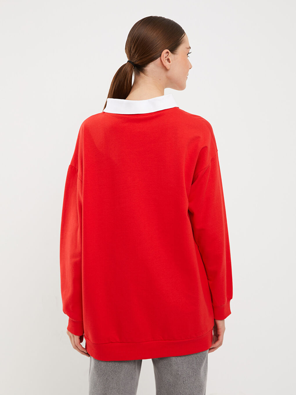 Kırmızı Gömlek Yaka Baskılı Uzun Kollu Kadın Sweatshirt Tunik-4