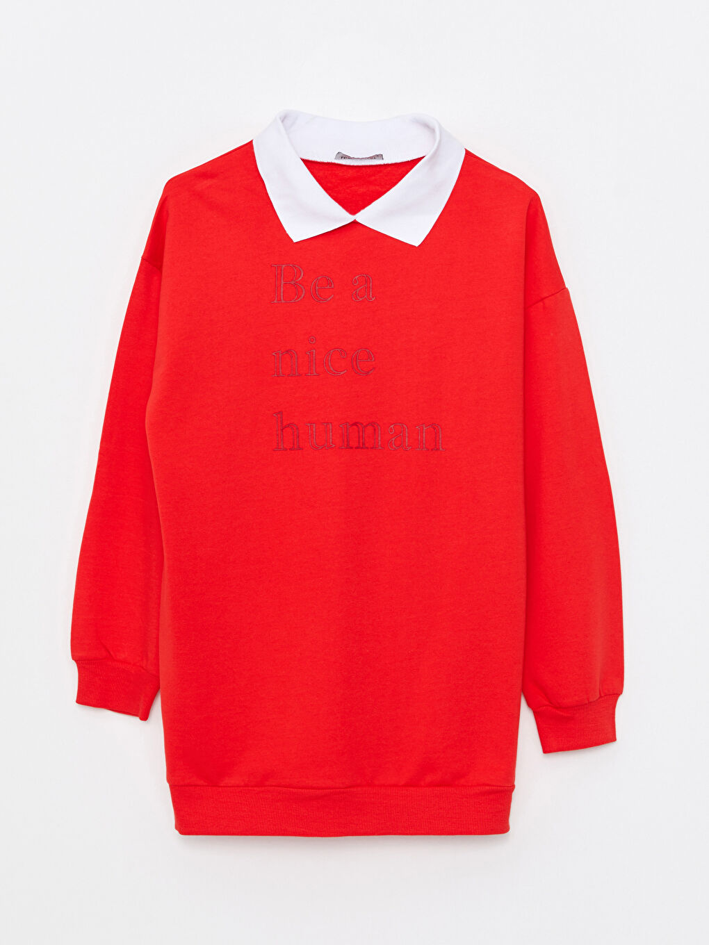 Kırmızı Gömlek Yaka Baskılı Uzun Kollu Kadın Sweatshirt Tunik-5