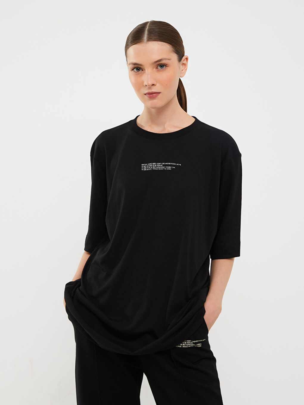 Siyah Bisiklet Yaka Baskılı Kısa Kollu Oversize Kadın Tunik