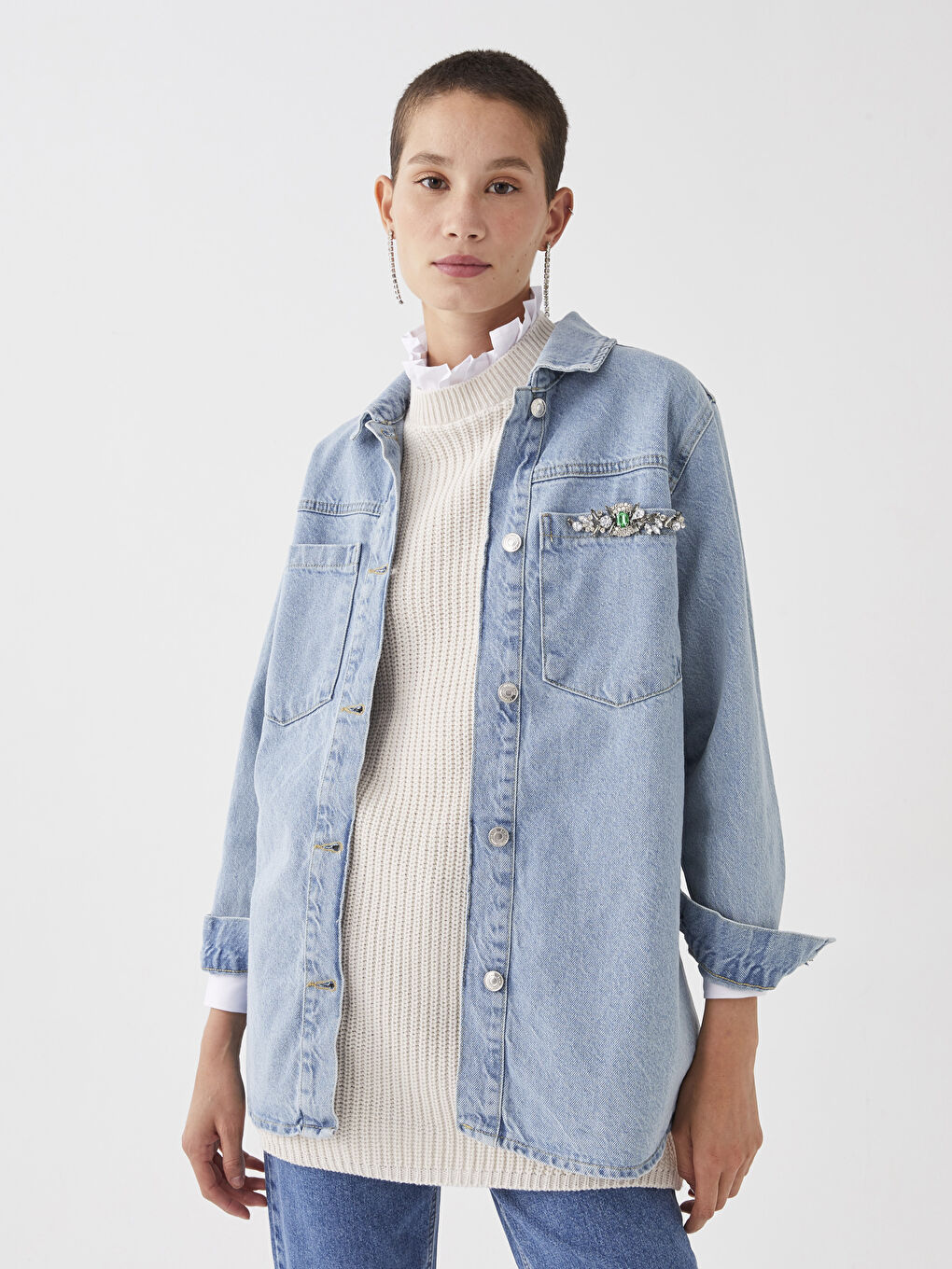 Collared Neck Plain Long Sleeve Women's Denim Tunic