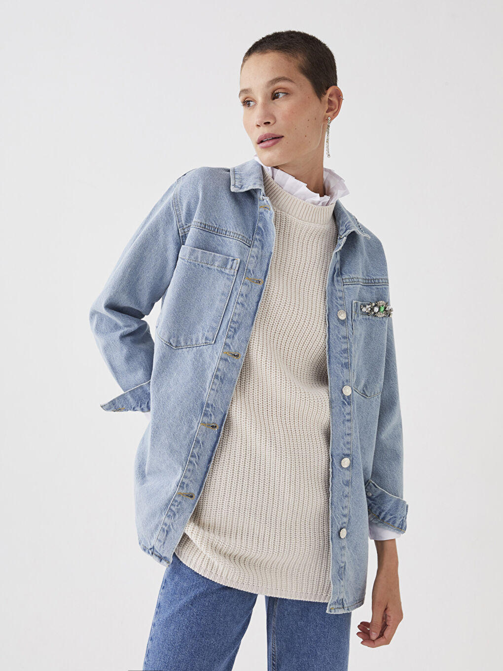 Collared Neck Plain Long Sleeve Women's Denim Tunic-2