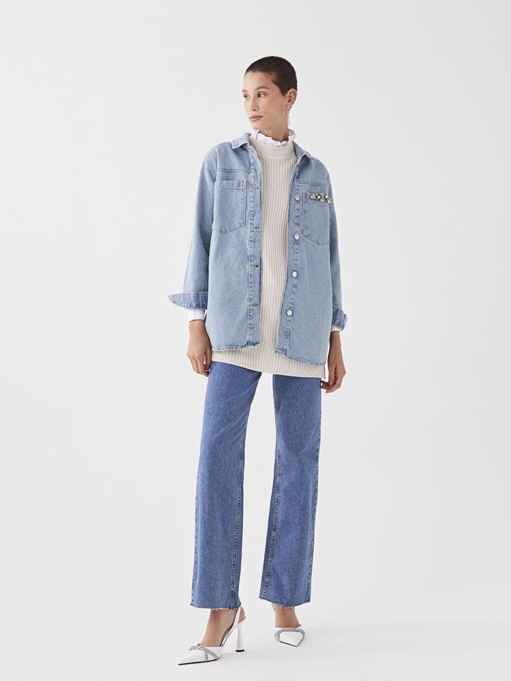 Collared Neck Plain Long Sleeve Women's Denim Tunic-4