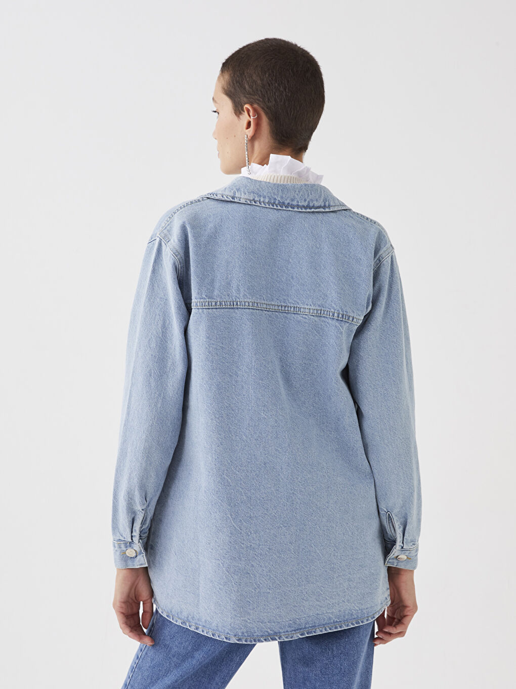 Collared Neck Plain Long Sleeve Women's Denim Tunic-10