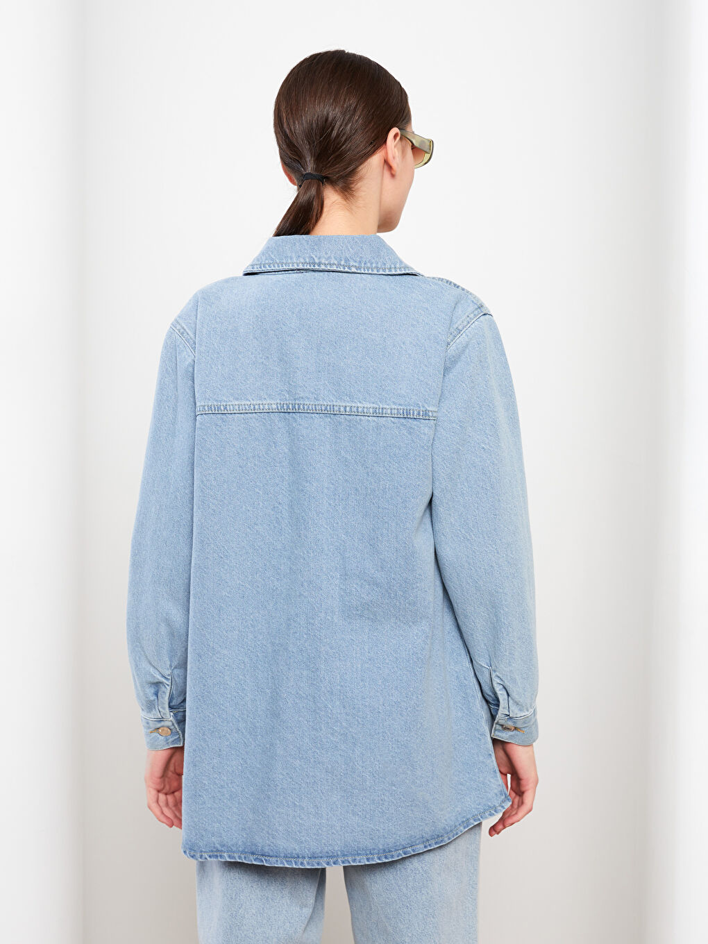 Collared Neck Plain Long Sleeve Women's Denim Tunic-9