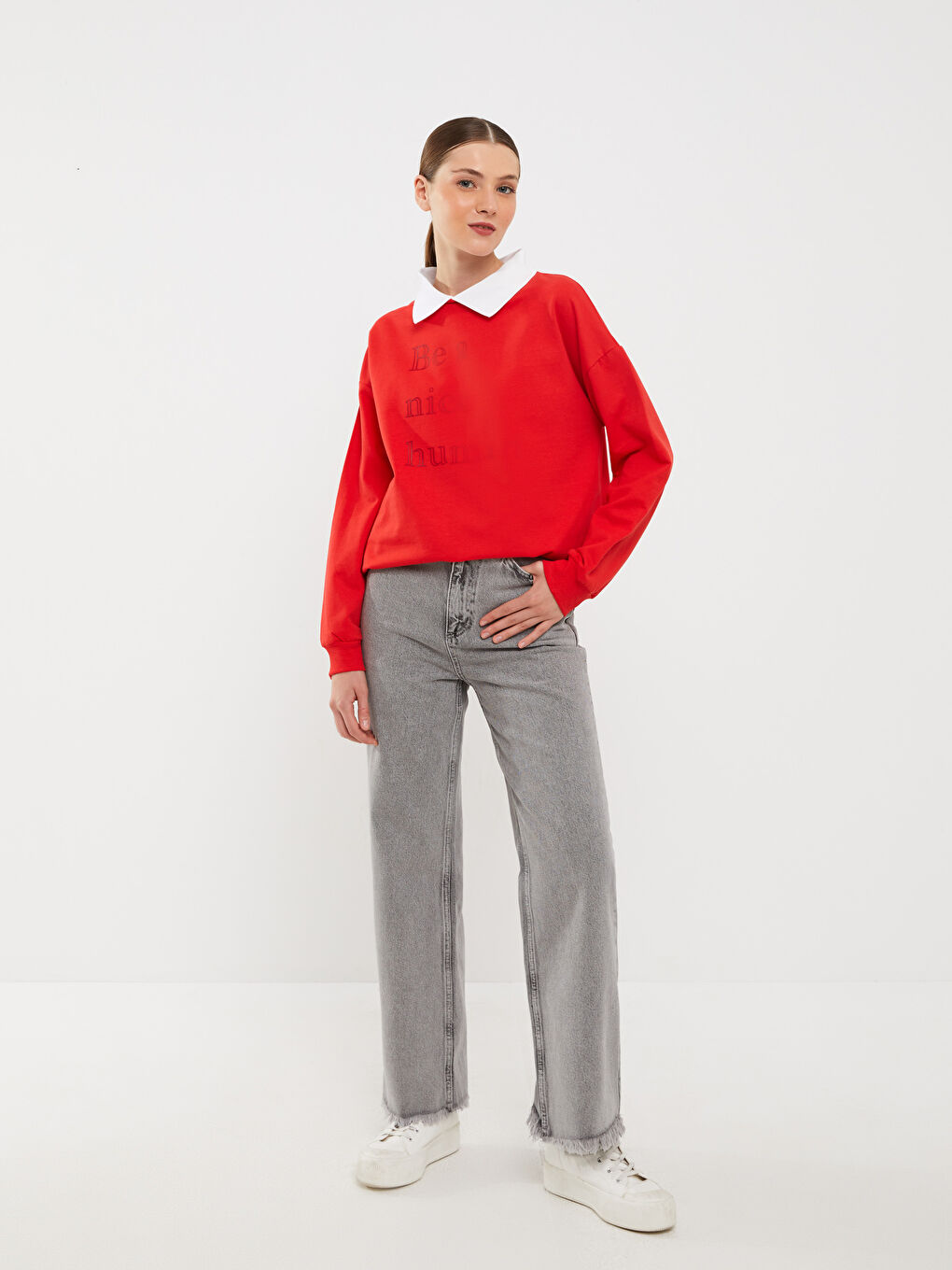 Gri Kadın Wideleg Düz Jean Pantolon