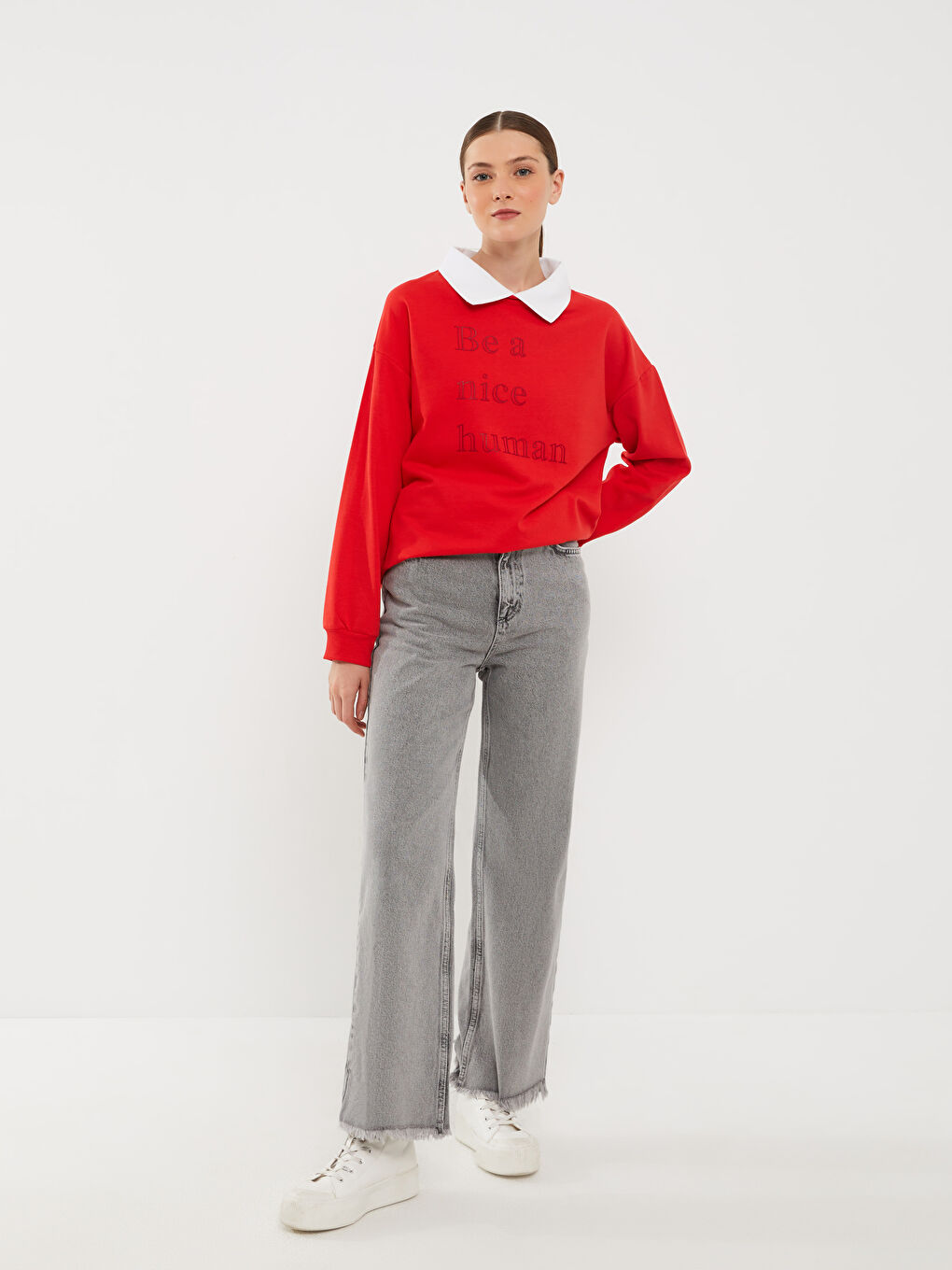 Gri Kadın Wideleg Düz Jean Pantolon-1