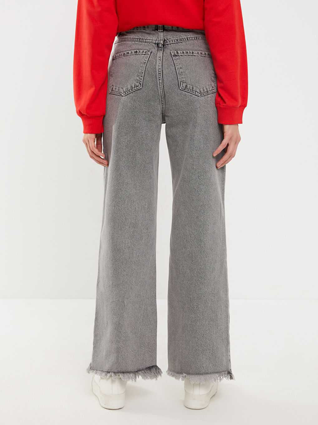 Gri Kadın Wideleg Düz Jean Pantolon-4
