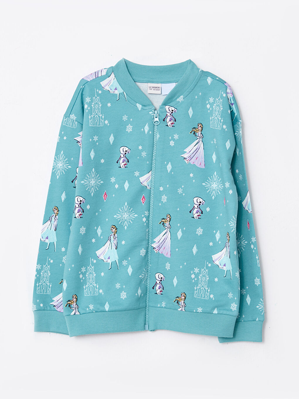 Turkuaz Kolej Yaka Elsa Baskılı Uzun Kollu Kız Çocuk Fermuarlı Sweatshirt
