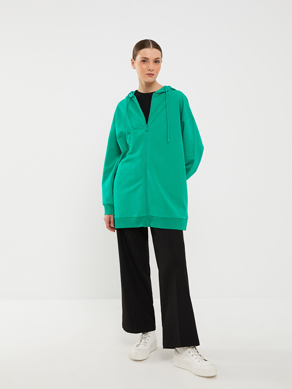 Yeşil Kapüşonlu Düz Uzun Kollu Oversize Kadın Spor Hırka-2
