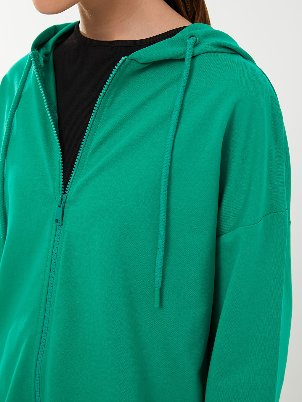 Yeşil Kapüşonlu Düz Uzun Kollu Oversize Kadın Spor Hırka-6