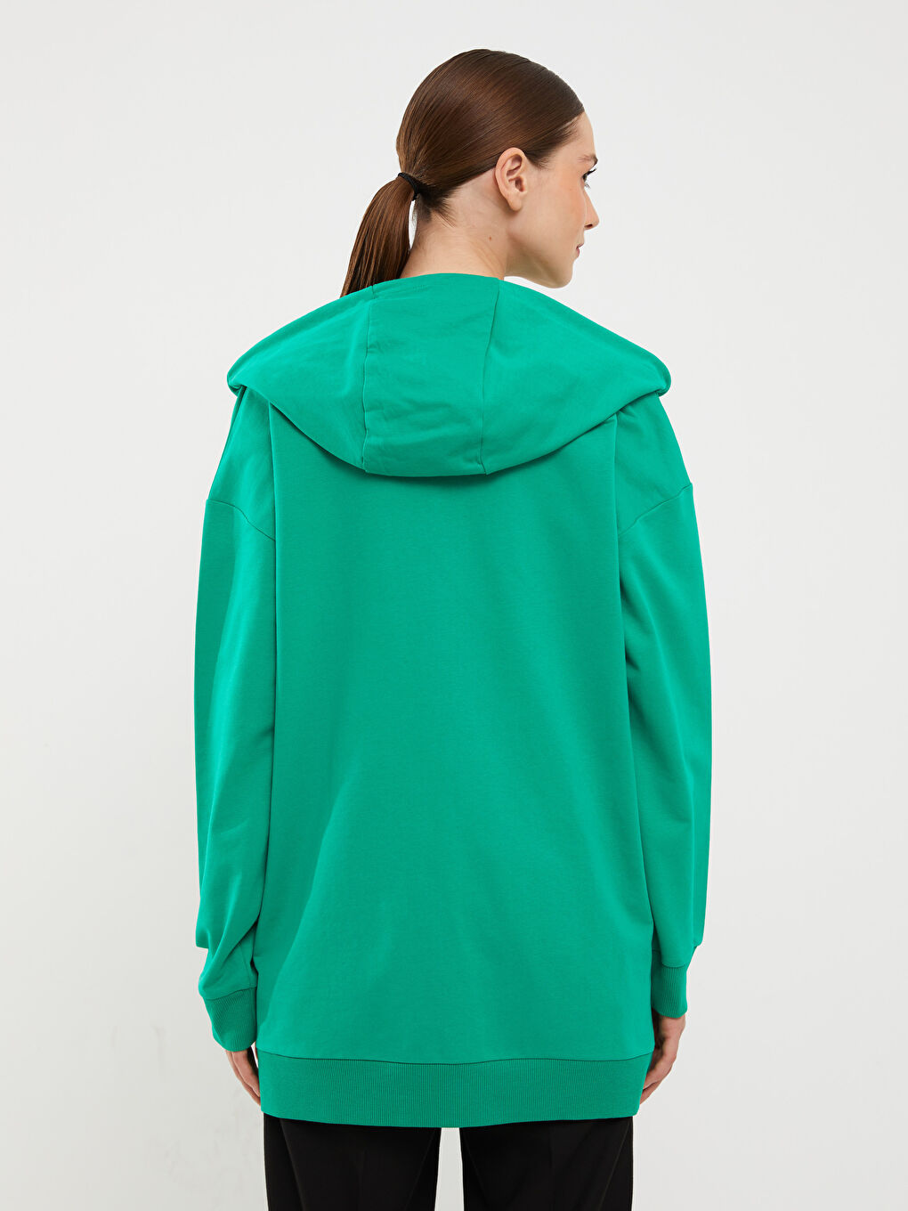 Yeşil Kapüşonlu Düz Uzun Kollu Oversize Kadın Spor Hırka-8