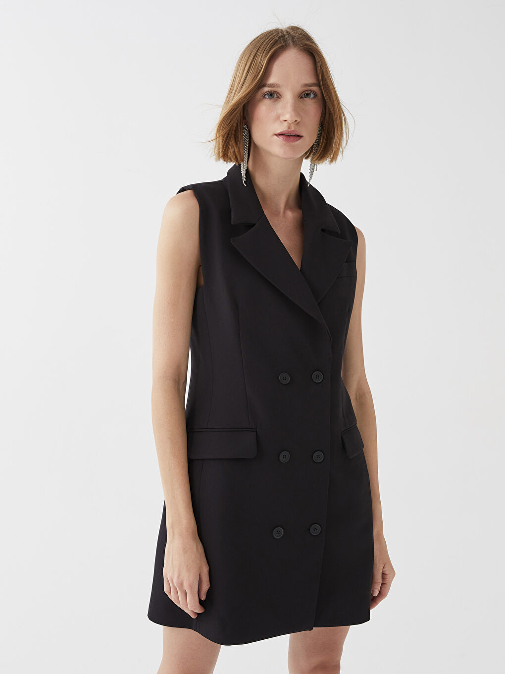 Siyah Kadın Ceket Yaka Düz Kolsuz Abiye Abiye Elbise