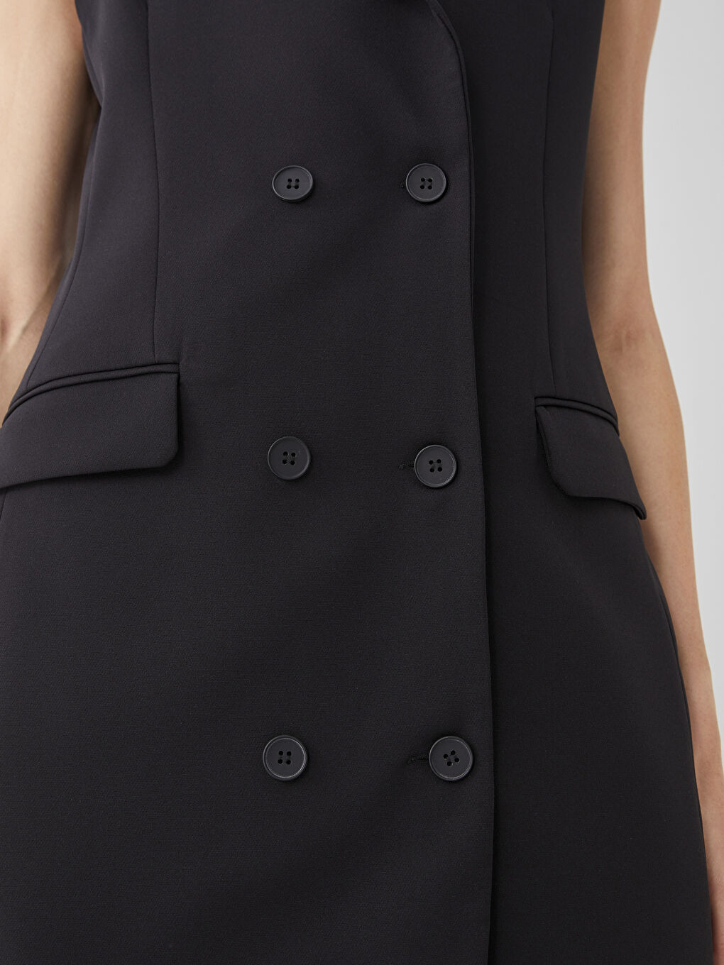 Siyah Kadın Ceket Yaka Düz Kolsuz Abiye Abiye Elbise-3