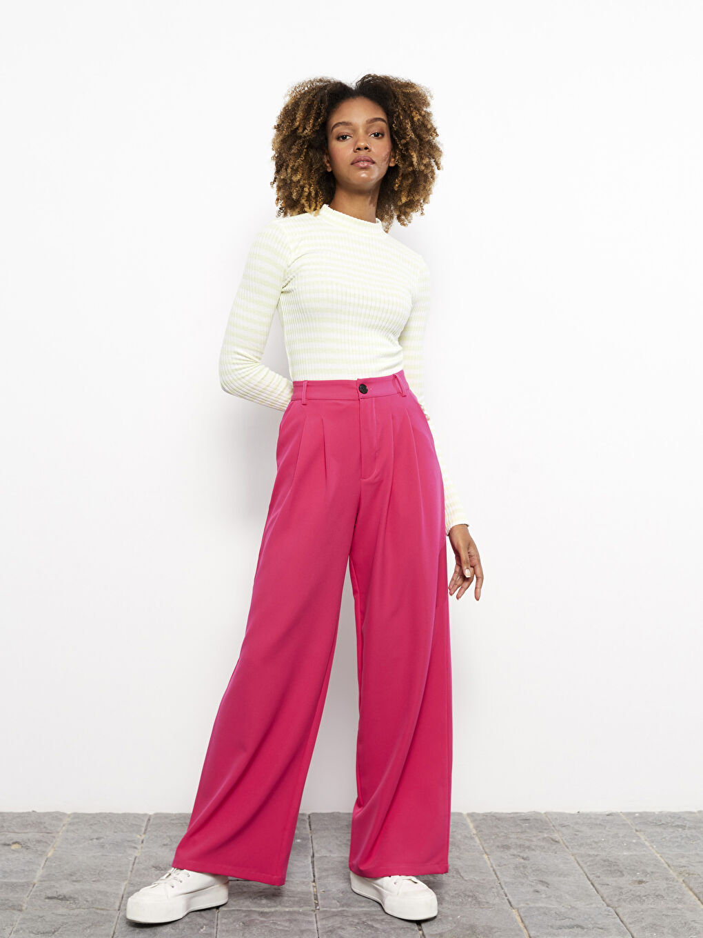 Fuşya Rahat Kalıp Düz Saten Kadın Pantolon-1