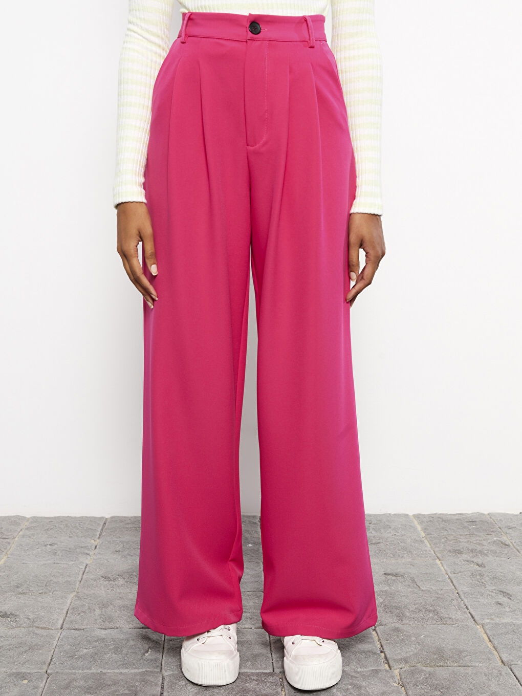 Fuşya Rahat Kalıp Düz Saten Kadın Pantolon-2