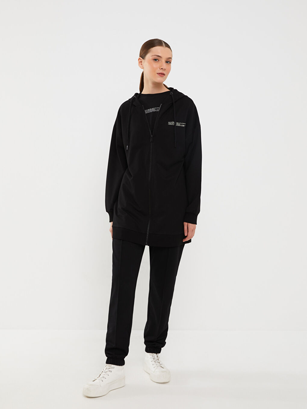 Siyah Kapüşonlu Baskılı Uzun Kollu Oversize Kadın Spor Hırka-2
