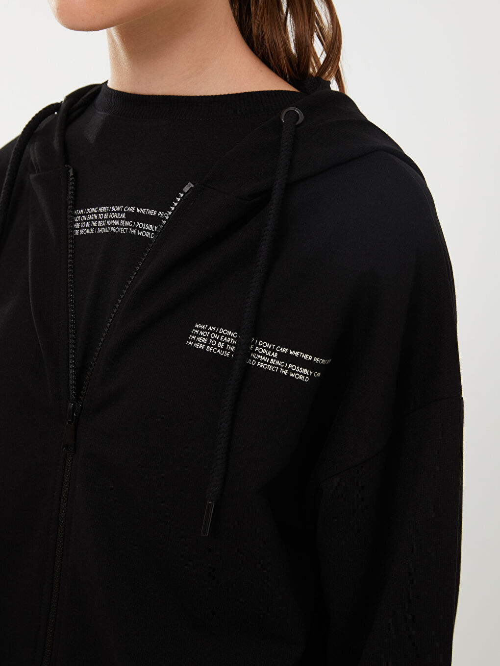 Siyah Kapüşonlu Baskılı Uzun Kollu Oversize Kadın Spor Hırka-3