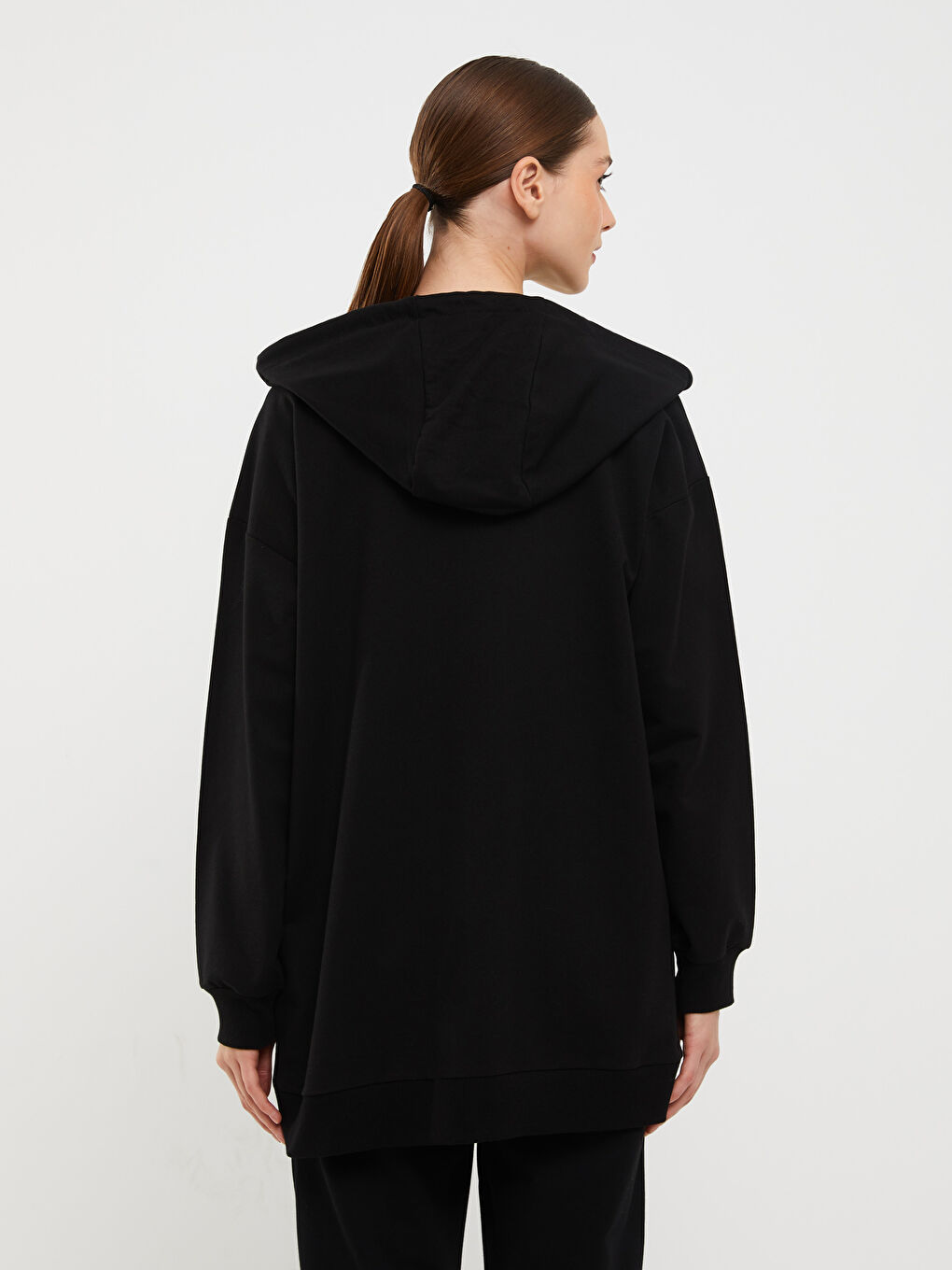 Siyah Kapüşonlu Baskılı Uzun Kollu Oversize Kadın Spor Hırka-4