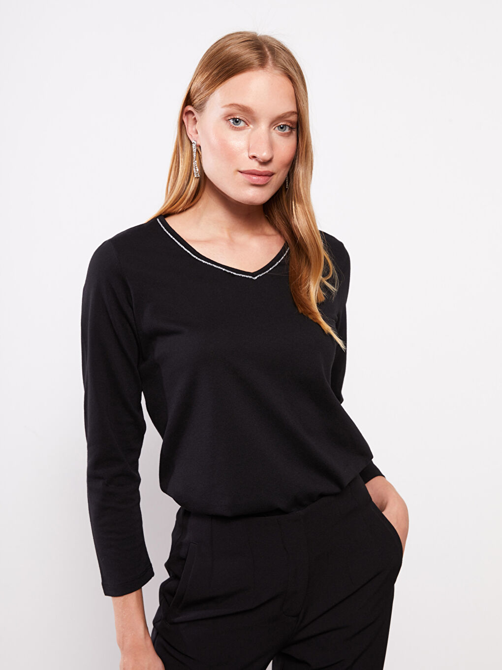 V-Neck Plain Long Sleeve Women's Blouse