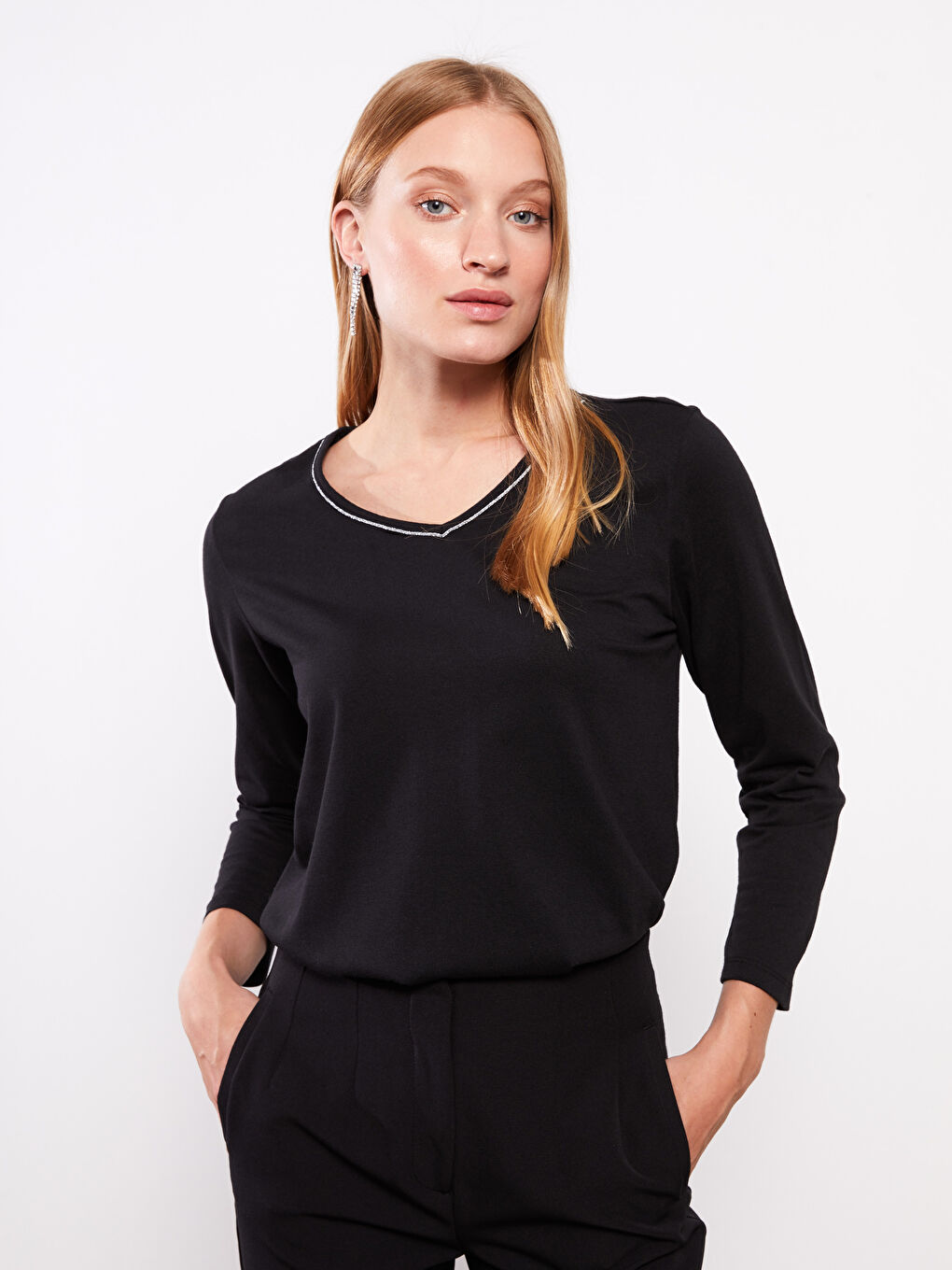 V-Neck Plain Long Sleeve Women's Blouse-1