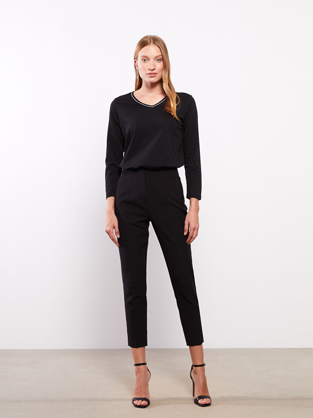 V-Neck Plain Long Sleeve Women's Blouse-2