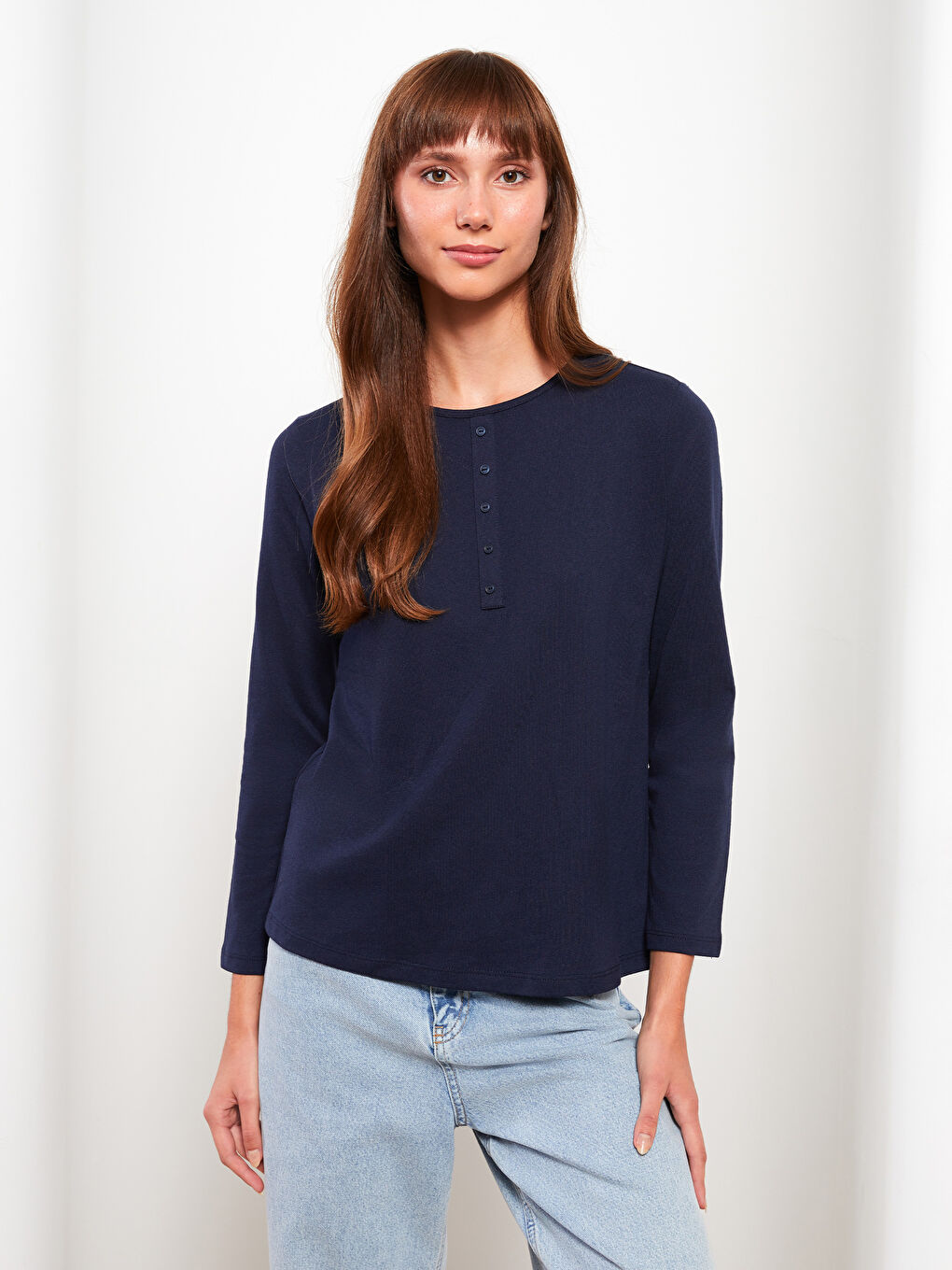 LCW ECO Rundhalsausschnitt Schlicht Langarm Damen T-Shirt -W2H733Z8-SP7