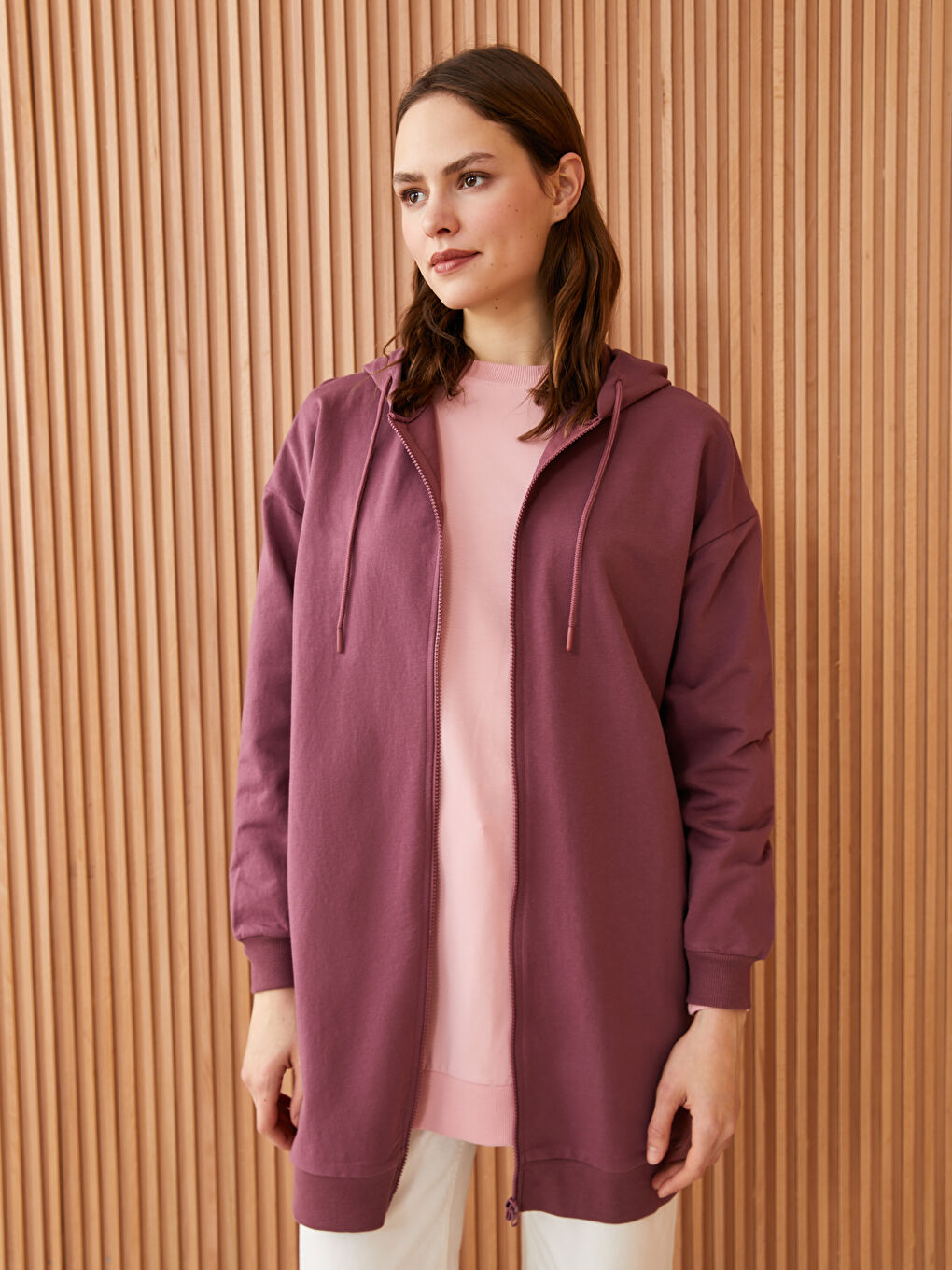 Pembe Kapüşonlu Düz Uzun Kollu Oversize Kadın Spor Hırka