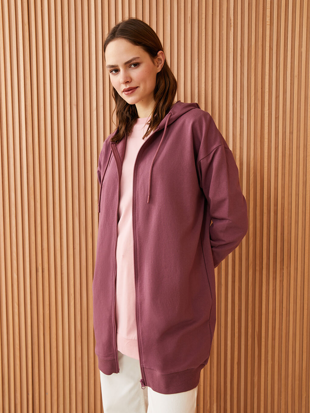Pembe Kapüşonlu Düz Uzun Kollu Oversize Kadın Spor Hırka-1