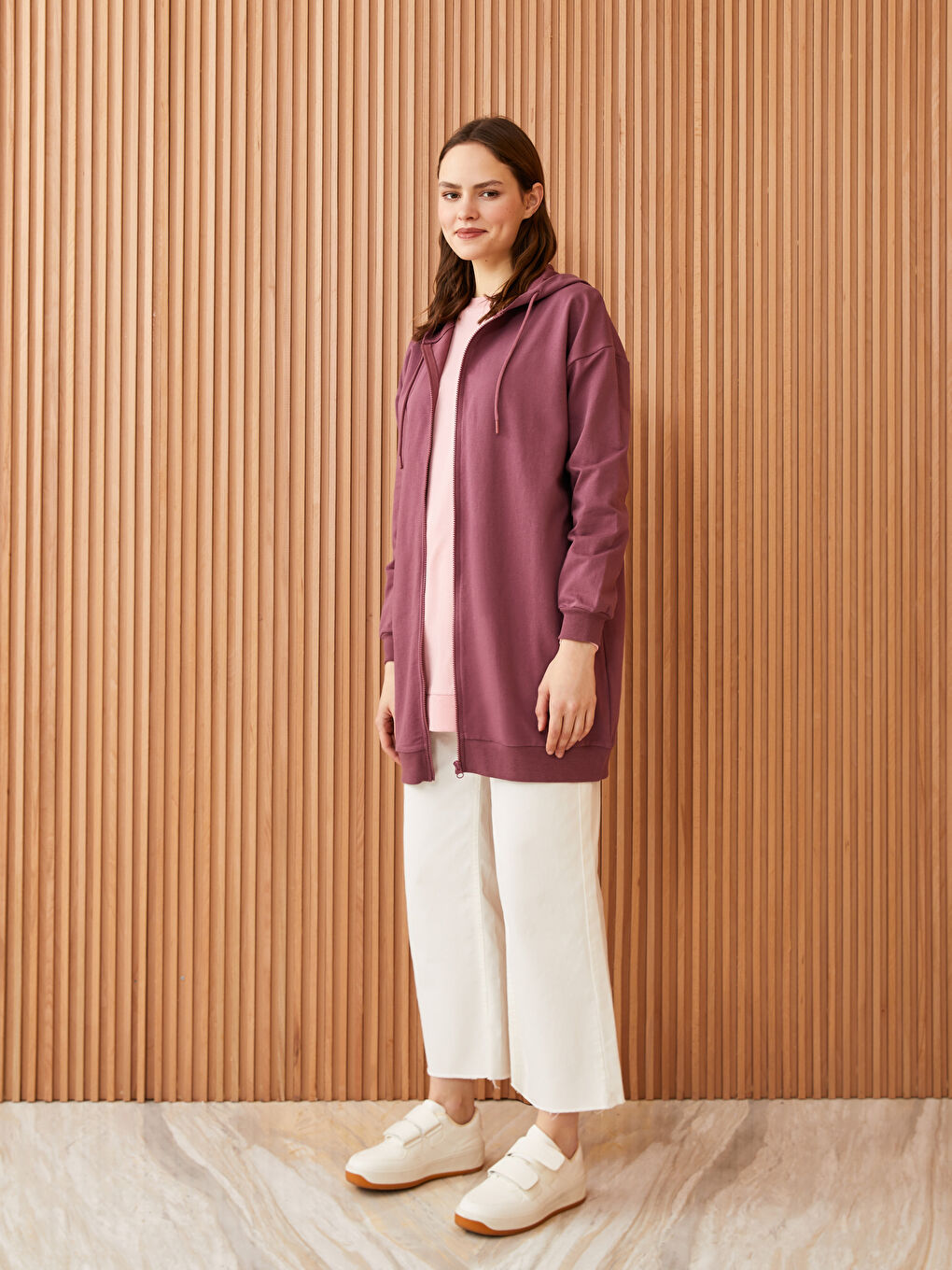 Pembe Kapüşonlu Düz Uzun Kollu Oversize Kadın Spor Hırka-2