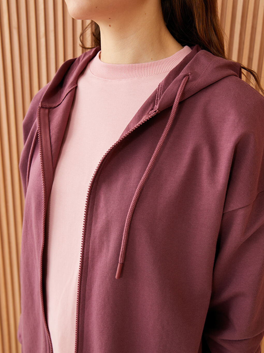 Pembe Kapüşonlu Düz Uzun Kollu Oversize Kadın Spor Hırka-3