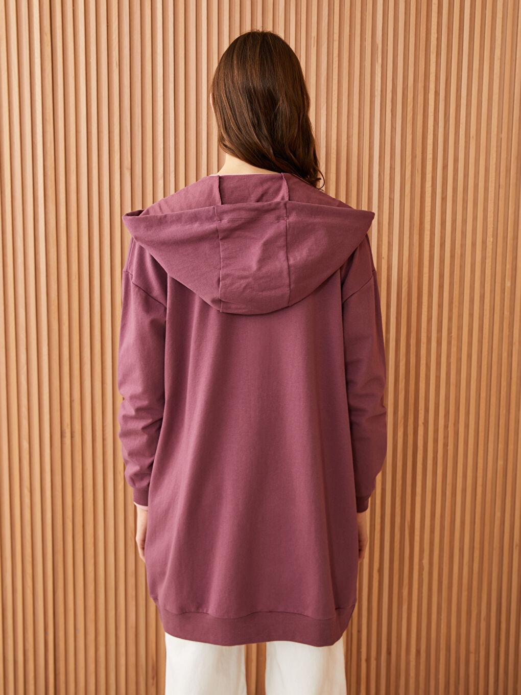 Pembe Kapüşonlu Düz Uzun Kollu Oversize Kadın Spor Hırka-4