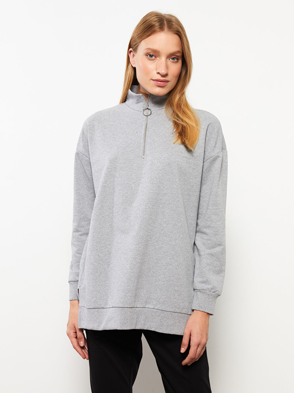 Gri Dik Yaka Düz Uzun Kollu Kadın Pijama Üst-2