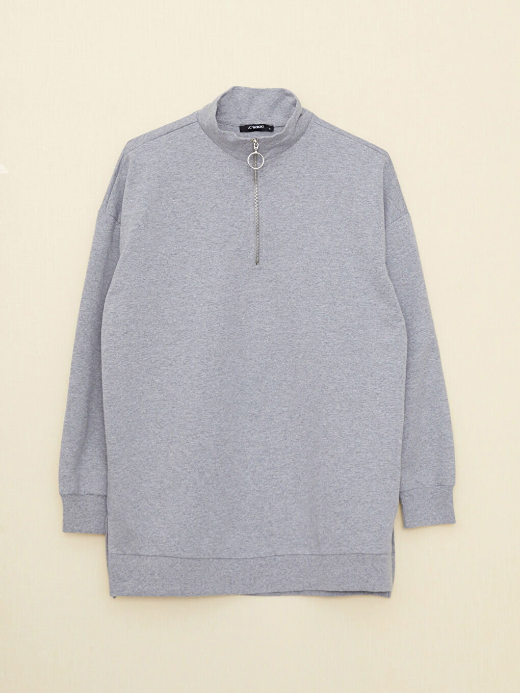 Gri Dik Yaka Düz Uzun Kollu Kadın Pijama Üst-5