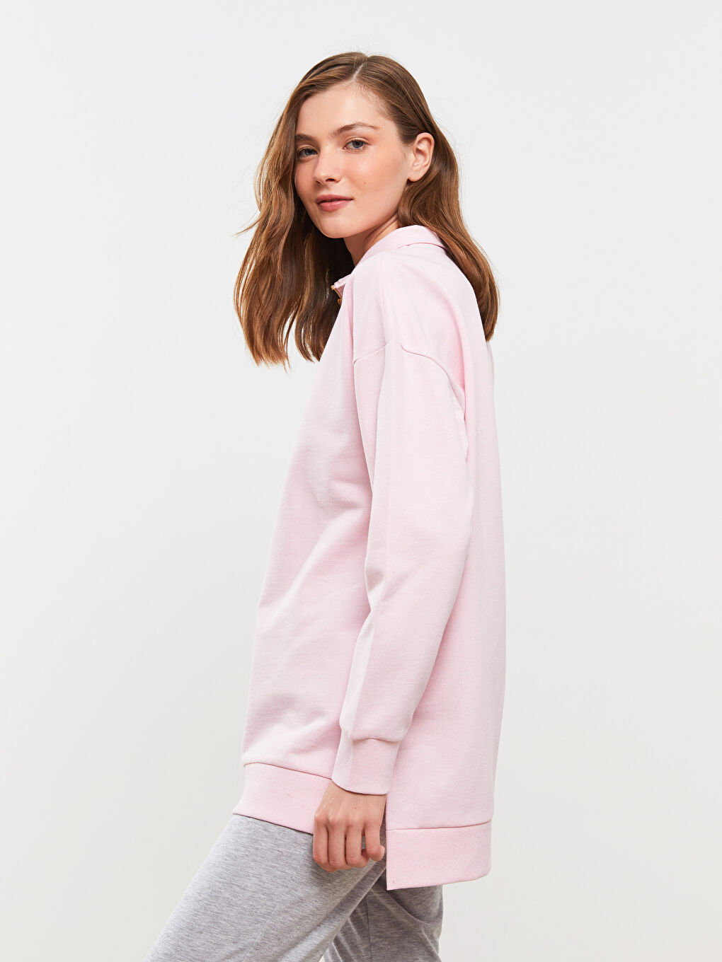 قميص بيجامة ياقة قمع كم طويل عادي للسيدات-2