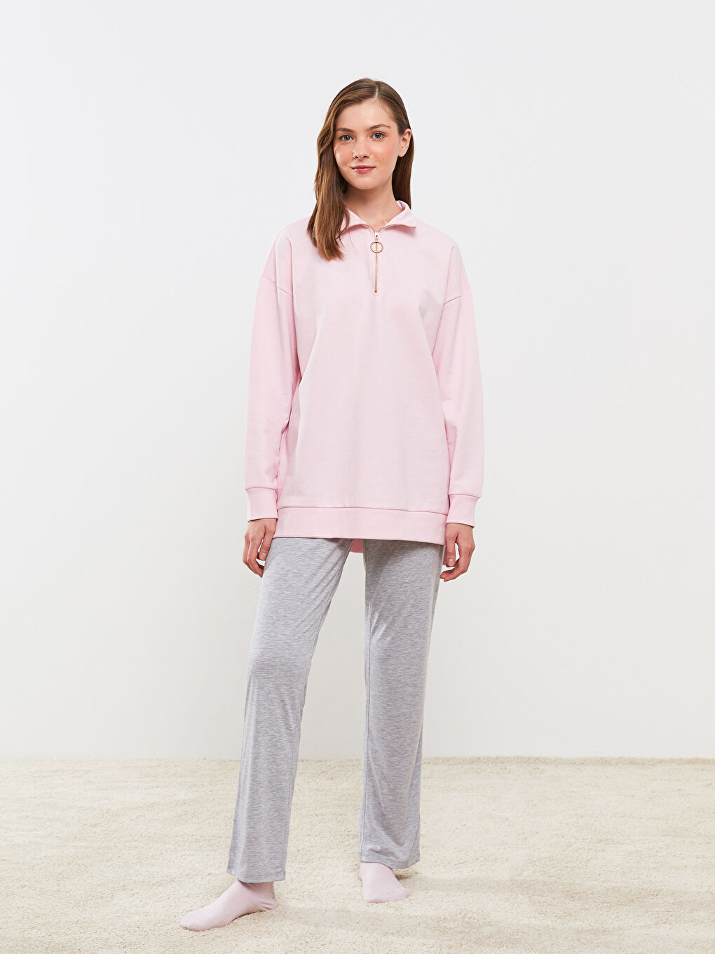 قميص بيجامة ياقة قمع كم طويل عادي للسيدات-4