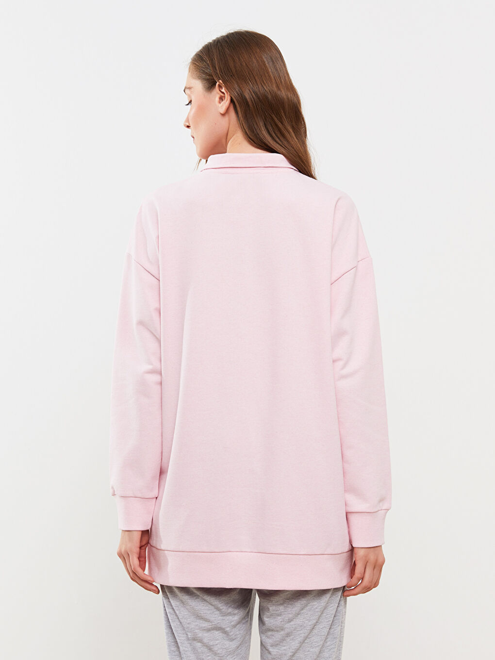 قميص بيجامة ياقة قمع كم طويل عادي للسيدات-5