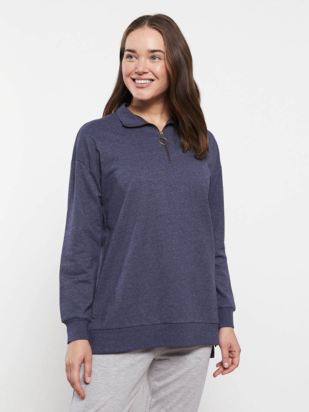 İndigo Dik Yaka Düz Uzun Kollu Kadın Pijama Üst