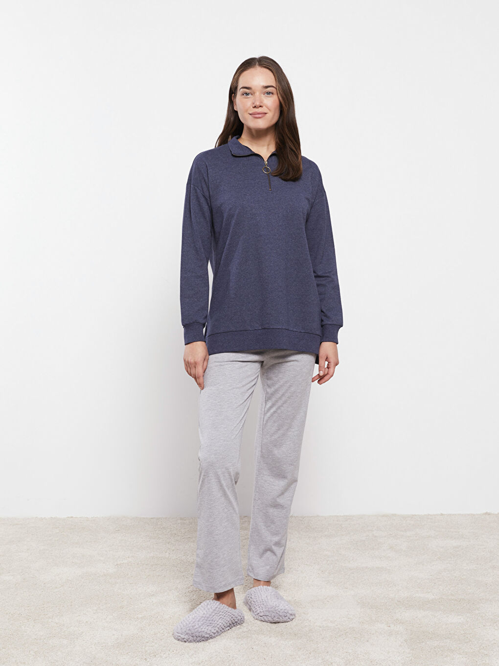 İndigo Dik Yaka Düz Uzun Kollu Kadın Pijama Üst-2