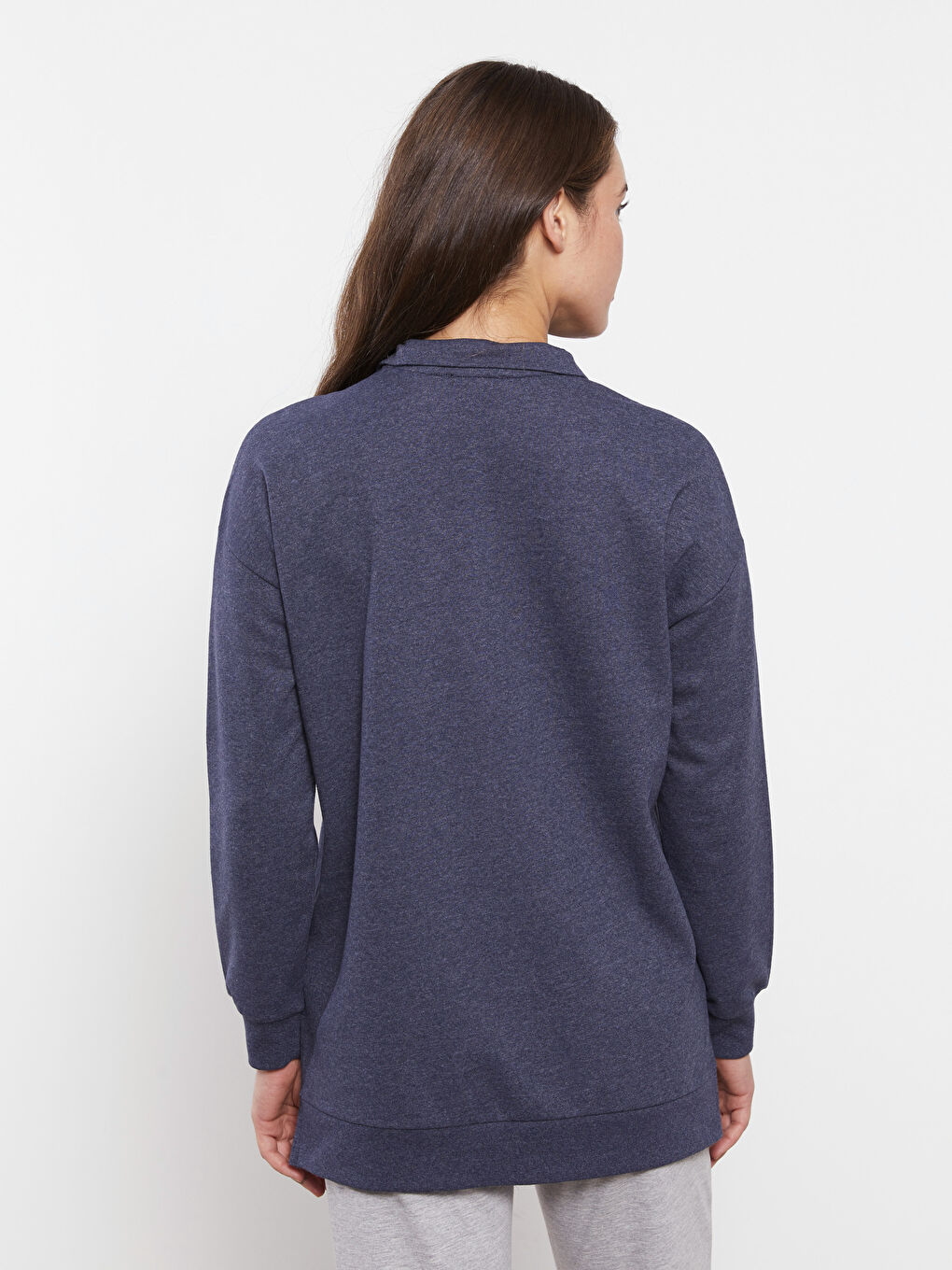 İndigo Dik Yaka Düz Uzun Kollu Kadın Pijama Üst-4