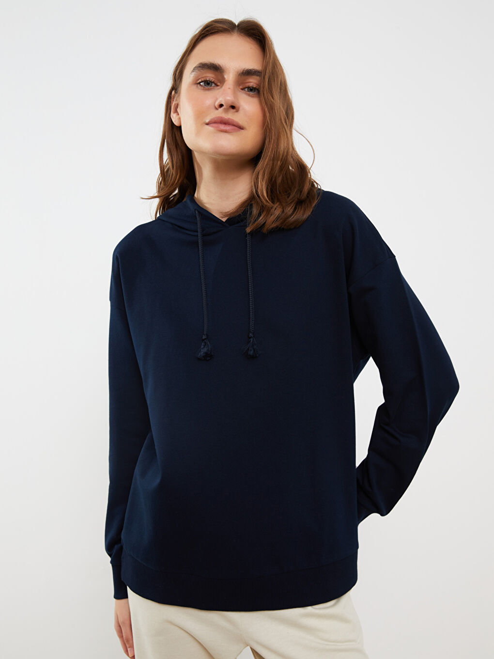 Lacivert Kapüşonlu Düz Uzun Kollu Kadın Pijama Üst-1